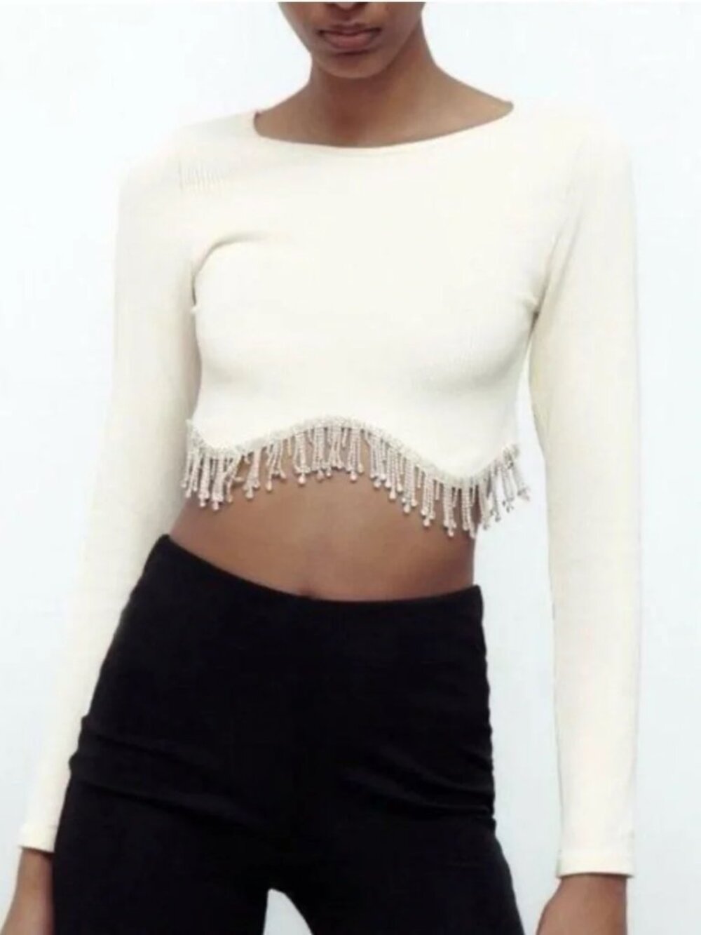 Zara Seamless Ribbed Pearl Fringe Long Sleeve Crop Top Size XS/S